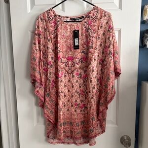 NEW Tolani Narissa Beige Floral Pink Kaftan Boho Kimono Style Tunic Top